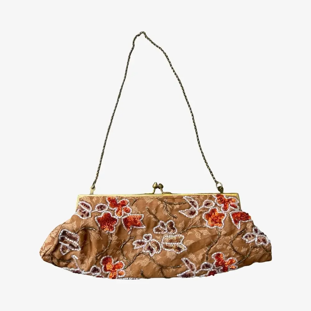 Vintage Beaded Floral Sequin Clutch Evening Bag Kiss Lock Purse Y2K Glam